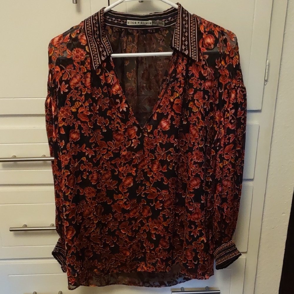 Alice + Olivia Desiree Black and Burnt Orange Floral Blouse